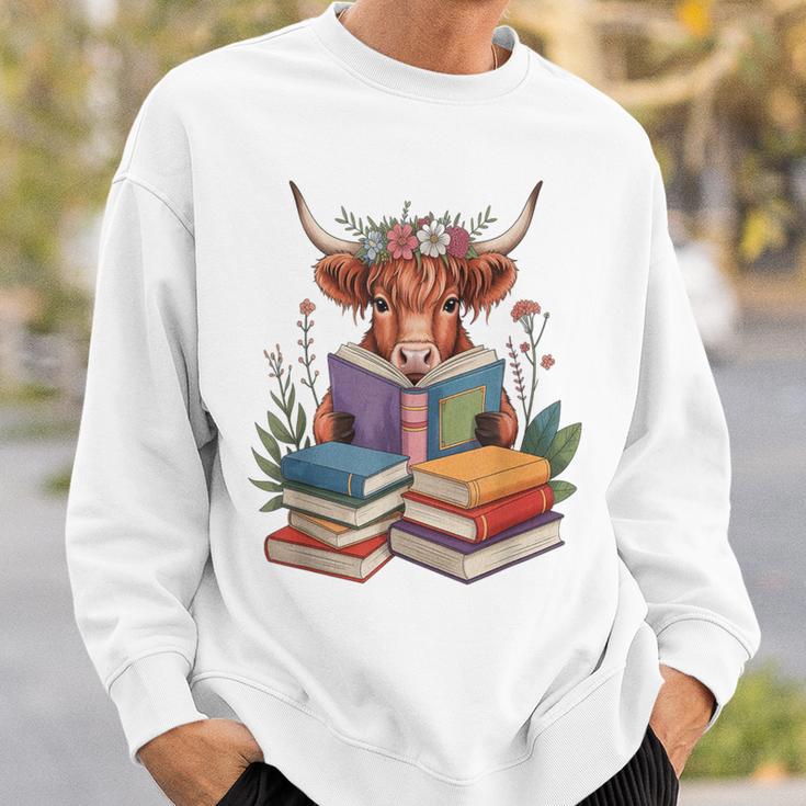 Cute Highland Cow With Book Floral Bookworm Librarian Book Sweatshirt Gifts for Him