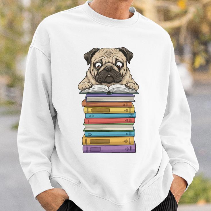 Cute Pug Dog Reading Book On Pile Of Books Sweatshirt Gifts for Him Cute Pug Dog Reading Book On Pile Of Books Sweatshirt Gifts for Him