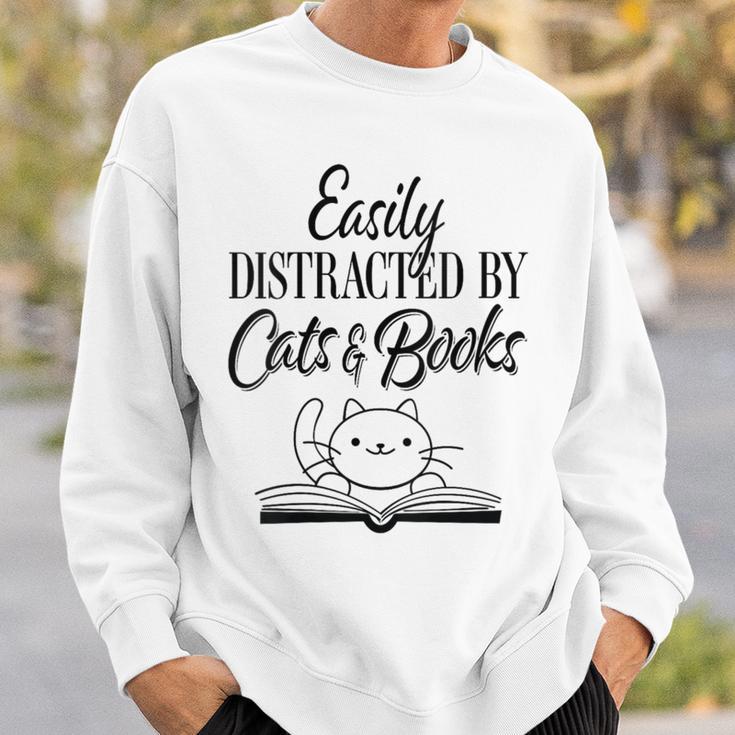 Easily Distracted By Cats & Books Cute Cat Book Lover Sweatshirt Gifts for Him