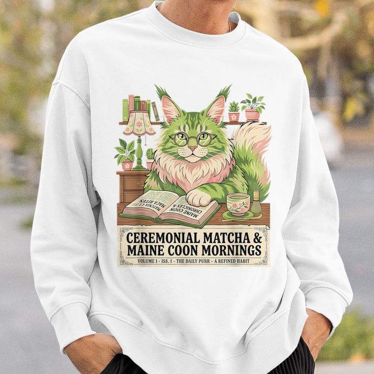 Matcha Drinking Maine Coon Cat Reading Books Aesthetic Sweatshirt Gifts for Him