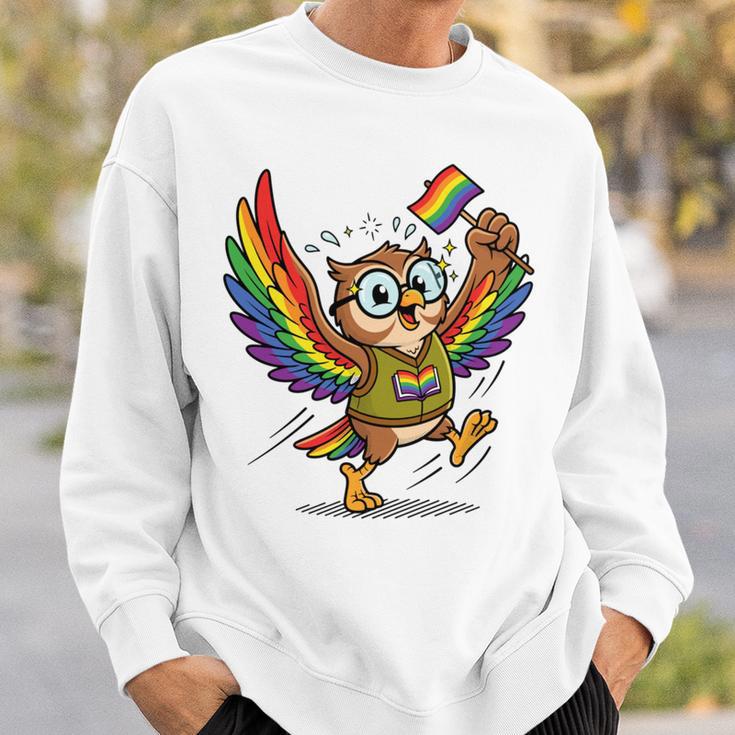 Owl With Pride Flag Book Lover Rainbow Library Sweatshirt Gifts for Him