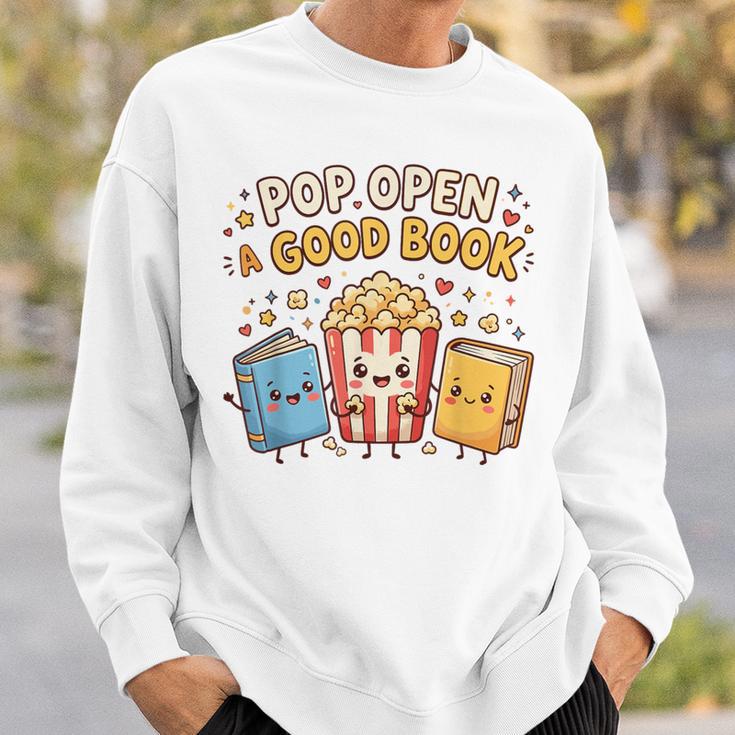 Pop Open A Good Book For School Librarian Popcorn Sweatshirt Gifts for Him