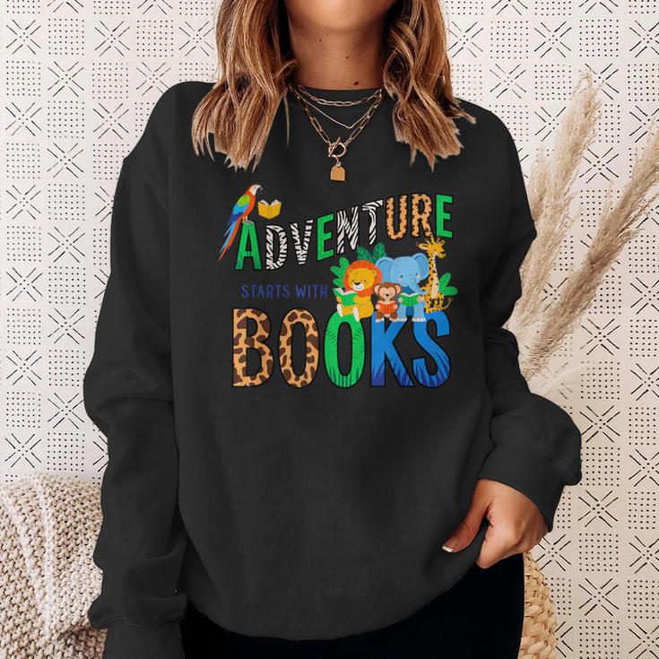 Adventure Starts With Books Jungle Animals Kids Reading Them Sweatshirt Gifts for Her Adventure Starts With Books Jungle Animals Kids Reading Them Sweatshirt Gifts for Her