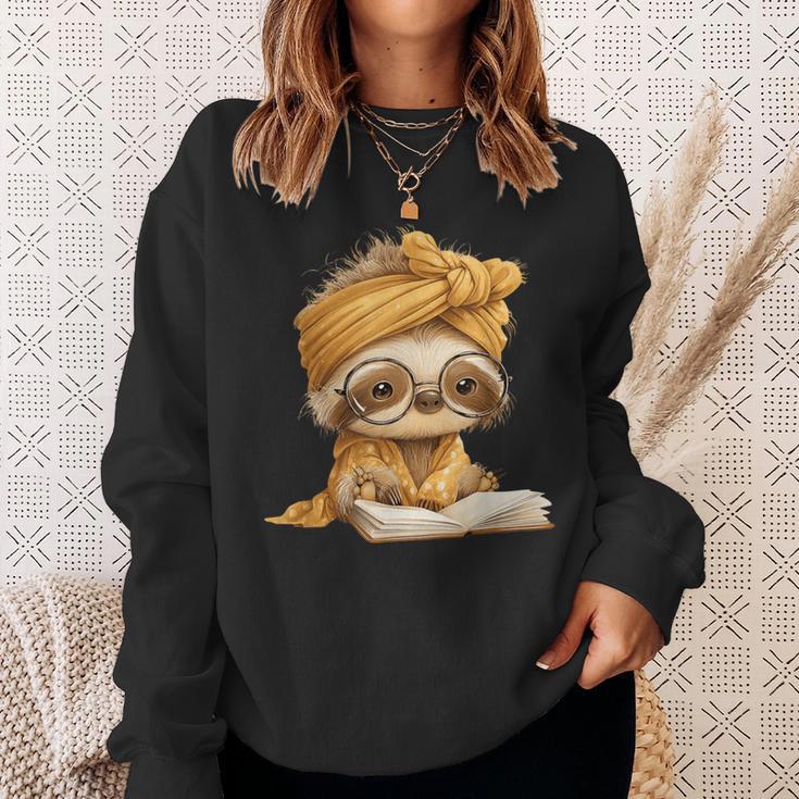 Baby Sloth Open Book Reading Animal Lover Graphic Portrait Sweatshirt Gifts for Her