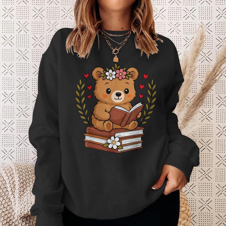Bear Reading Book Graphic Bear With Book Floral Sweatshirt Gifts for Her