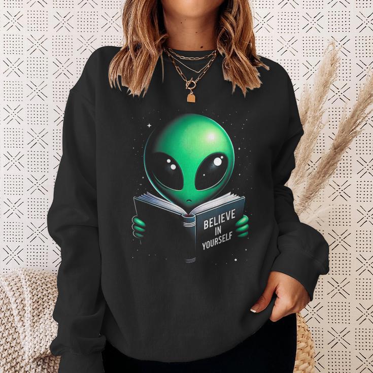 Believe In YourSelf Cute Alien Reading Book Sweatshirt Gifts for Her