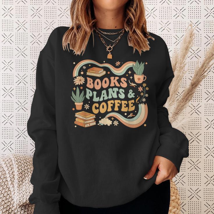 Book Lover Coffee Plants Retro Cozy Succulent Reading Groovy Sweatshirt Gifts for Her