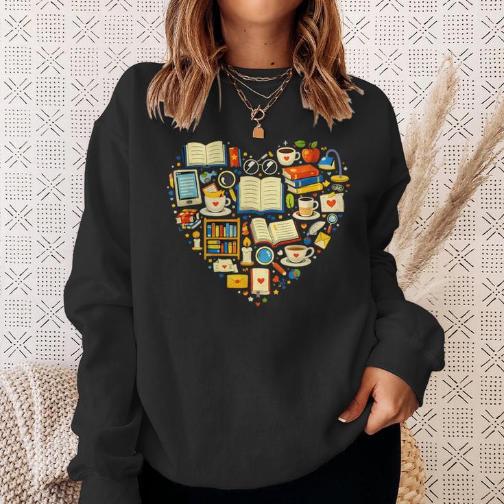 Book Lover Heart Reading Stack Bookworm Sweatshirt Gifts for Her
