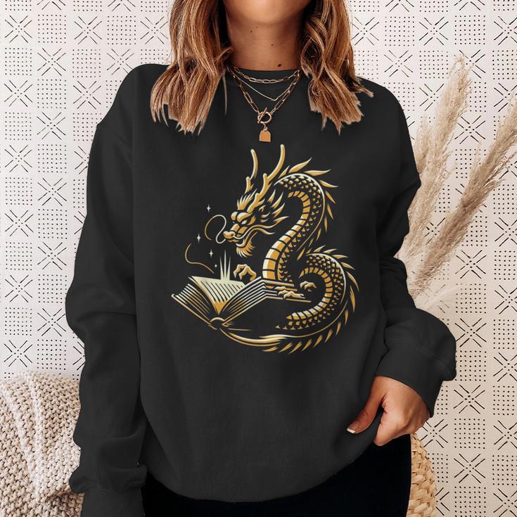 Book Lovers Dragon Fantasy Art Mythical Creatures Yellow Bookworm Chinese Dragon Sweatshirt Gifts for Her