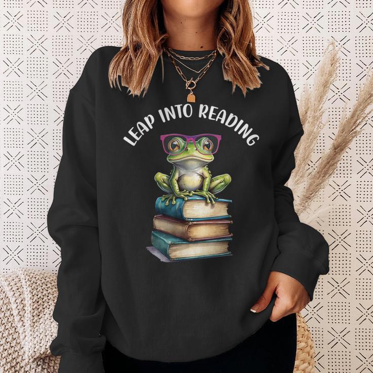 Book Reading Cute Frog Leap Into Reading Sweatshirt Gifts for Her
