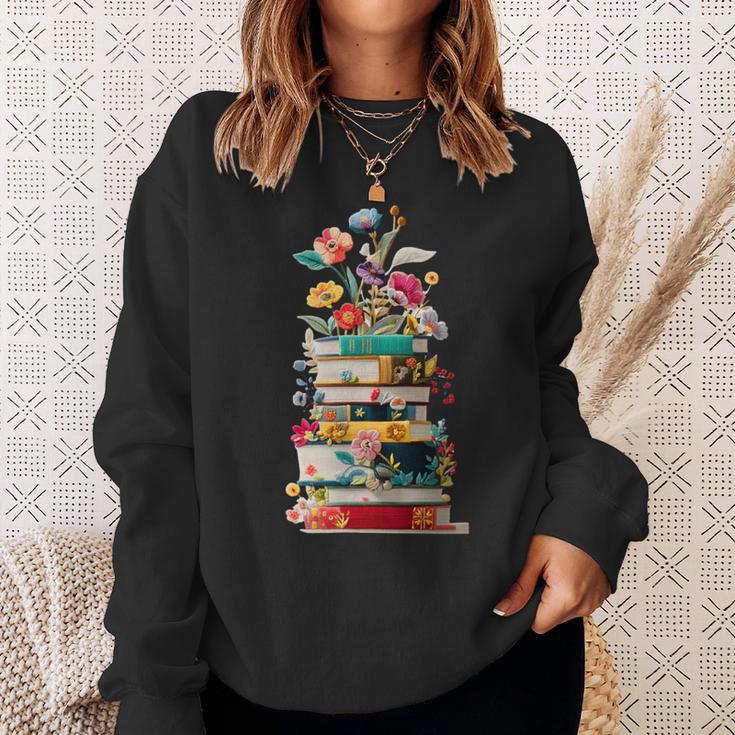 Book Stack With Flowers Reading Lover Bookish Sweatshirt Gifts for Her