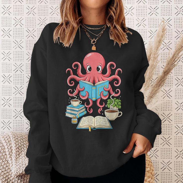 Bookish Octopus Reading Books And Coffee Literary Lover Art Sweatshirt Gifts for Her