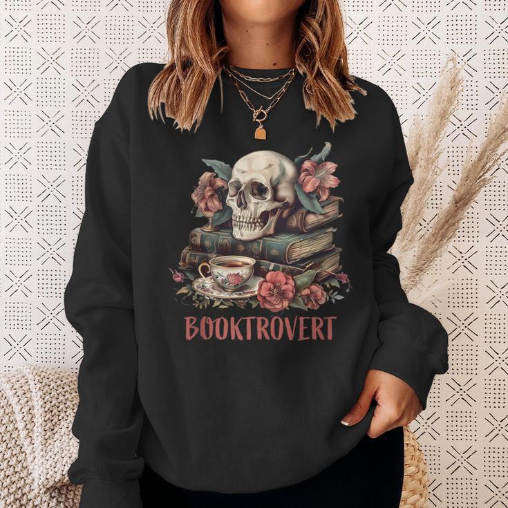 Booktrovert Skull Books Tea Flower Gothic Bookworm Bookish Sweatshirt Gifts for Her