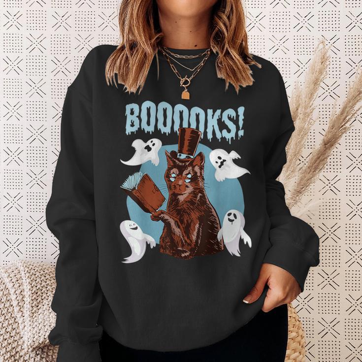 Booooks Cat Reading Book Ghosts Halloween Librarian Teacher For Men Women Kids Sweatshirt Gifts for Her