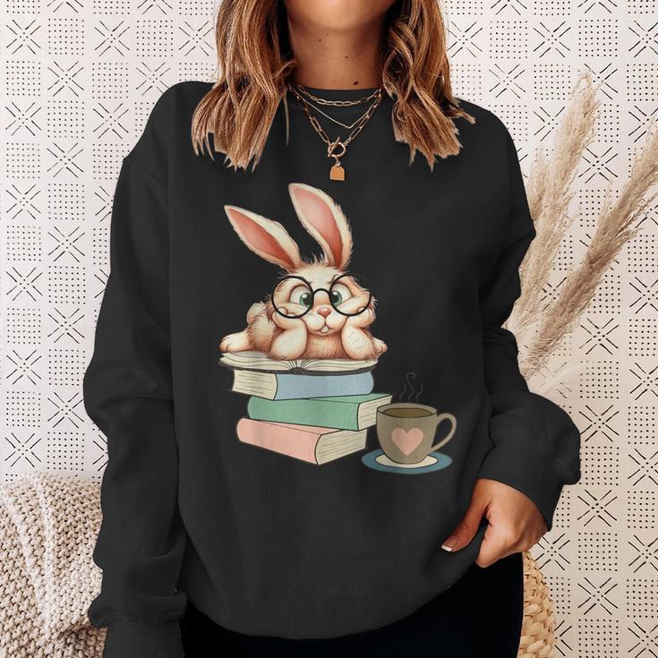 Bunny With Books And Coffee Reading Booknerd Bookish Easter Sweatshirt Gifts for Her