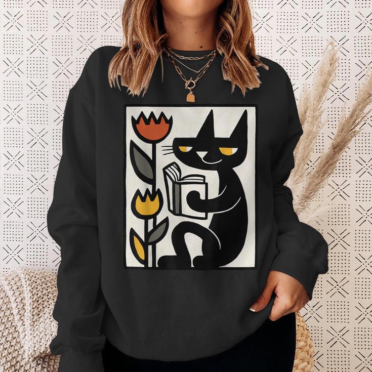 Cat Reading Book Folk Art Cozy Illustration Sweatshirt Gifts for Her