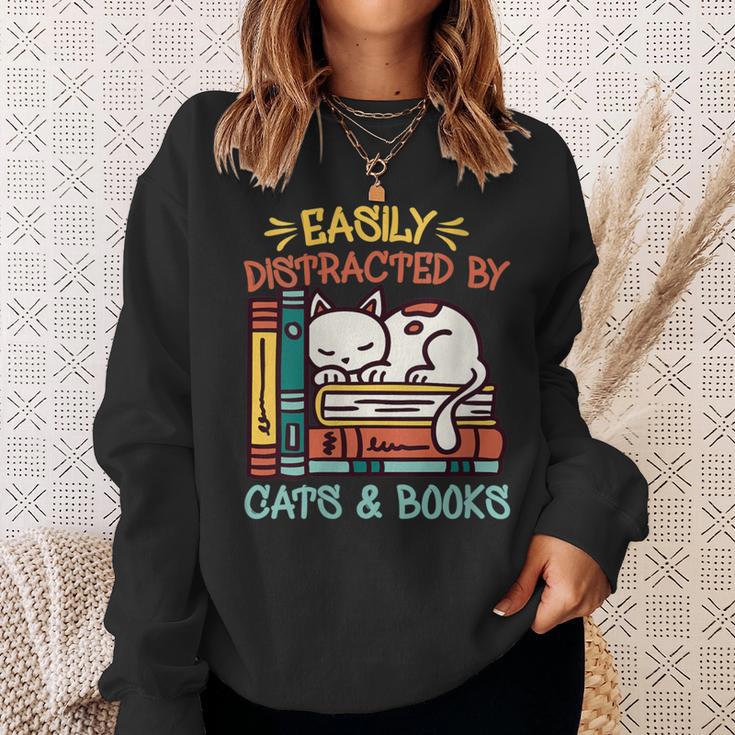 Cats And Books Easily Distracted By Cats And Books Sweatshirt Gifts for Her