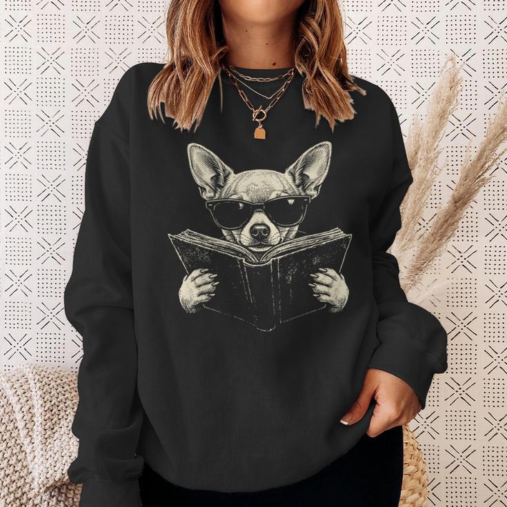 Chihuahua Reading Book Sunglasses Vintage Graphic Sweatshirt Gifts for Her