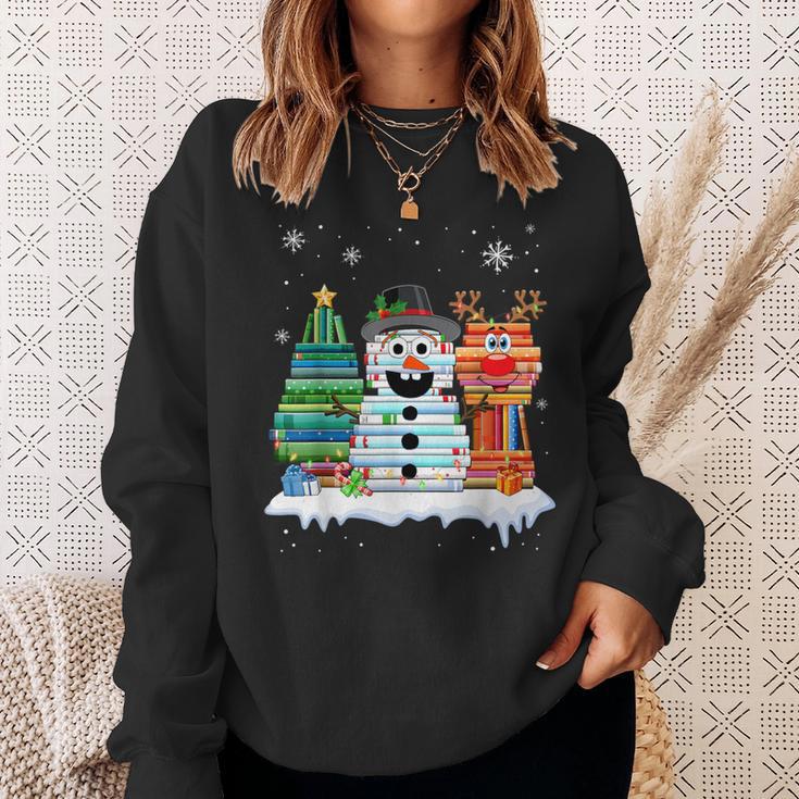 Christmas Tree Snowman Reindeer Book Stack Tee Librarian Sweatshirt Gifts for Her