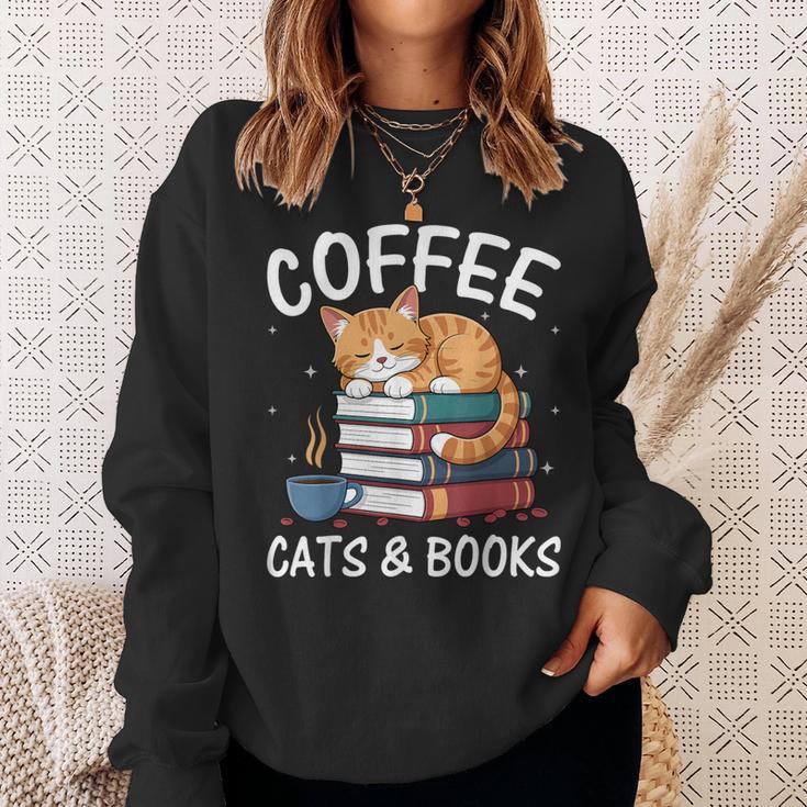 Coffee Cats And Books Cute Kitten Reading Sweatshirt Gifts for Her