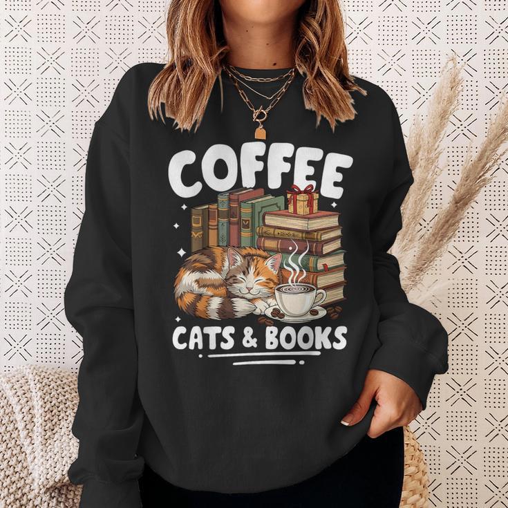 Coffee Cats And Books Cats And Reading Lovers Sweatshirt Gifts for Her
