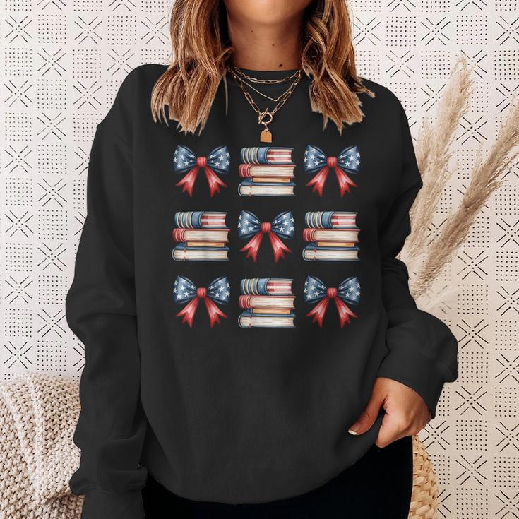 Coquette Bow Book US Flag 4th Of July Librarian Bookworm Sweatshirt Gifts for Her