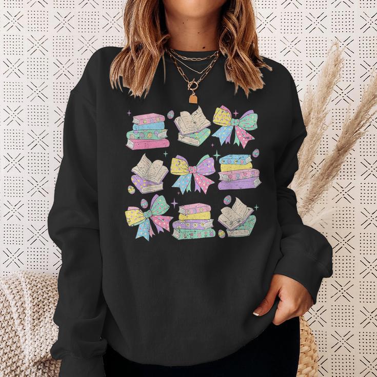 Coquette Bunny Bow Rabbit Teacher Books Easter Retro Sweatshirt Gifts for Her