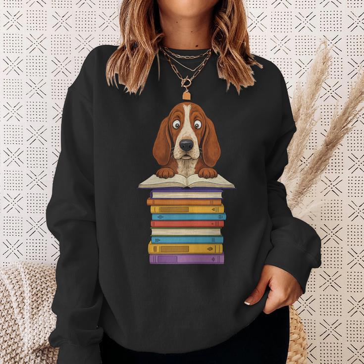 Cute Basset Hound Dog Reading On Pile Of Books Sweatshirt Gifts for Her
