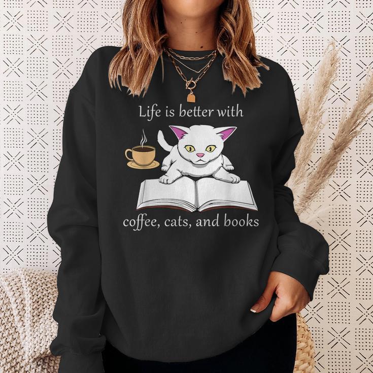 Cute Cat Book Reading Coffee Sweatshirt Gifts for Her
