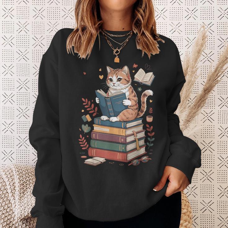 Cute Cat Reading Books With Tea Sweatshirt Gifts for Her Cute Cat Reading Books With Tea Sweatshirt Gifts for Her