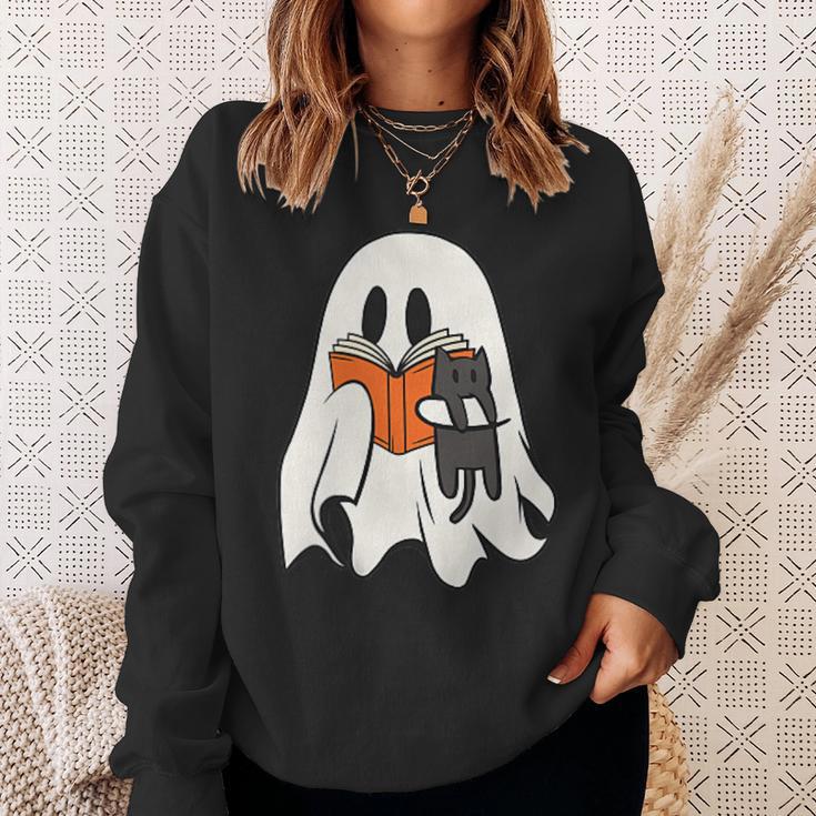 Cute Ghost Cat Reading Book Spooky Season Halloween Costume Sweatshirt Gifts for Her Cute Ghost Cat Reading Book Spooky Season Halloween Costume Sweatshirt Gifts for Her