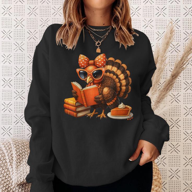 Cute Turkey Reading Book Lovers Bow Thanksgiving Sweatshirt Gifts for Her