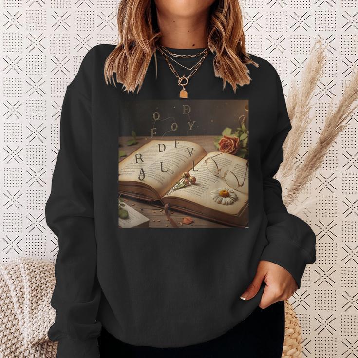 Dark Academia Vintage Book And Floating Letters Graphic Sweatshirt Gifts for Her
