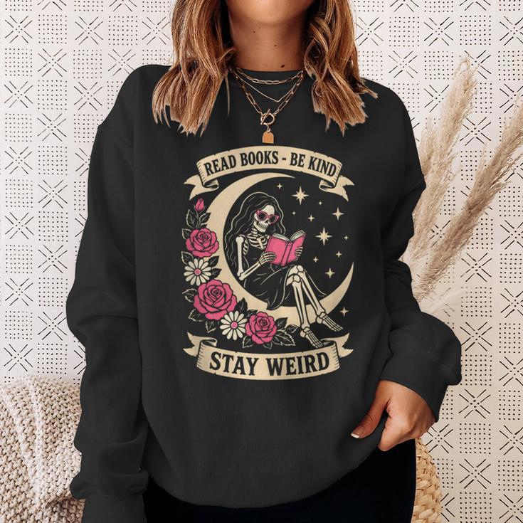 Dark Romance Read Books Be Kind Stay Weird Reading Skeleton Sweatshirt Gifts for Her