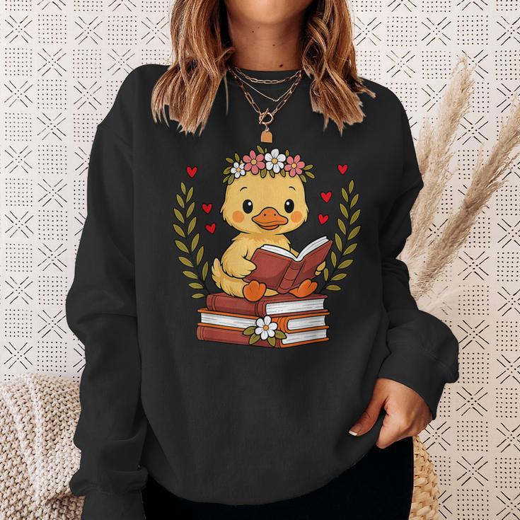 Duck Reading Book Graphic Duck With Book Floral Sweatshirt Gifts for Her Duck Reading Book Graphic Duck With Book Floral Sweatshirt Gifts for Her