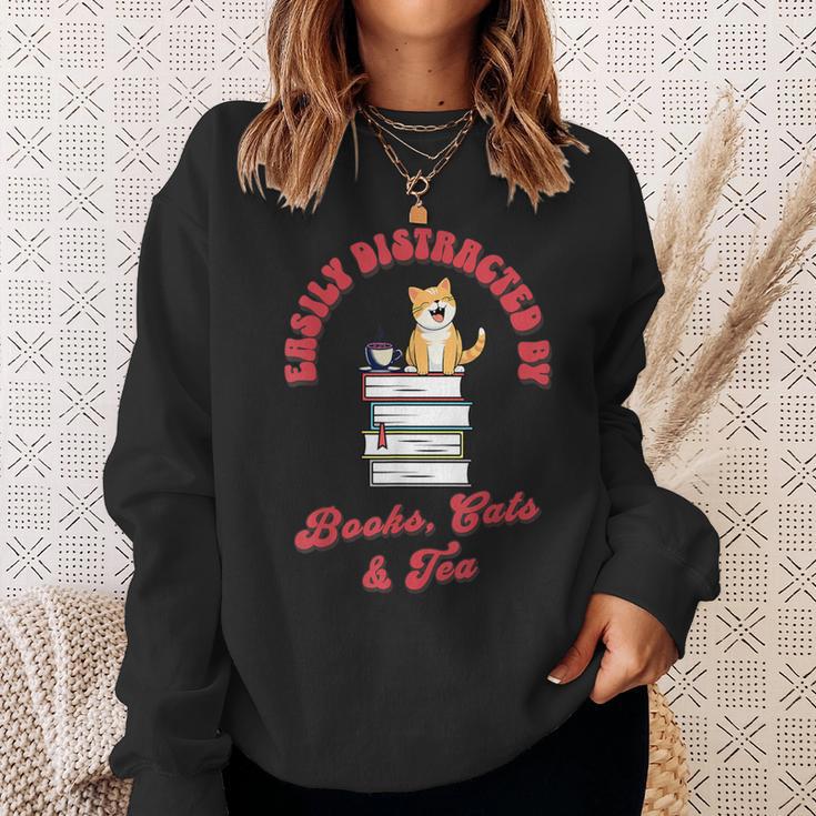 Easily Distracted By Books Cats Tea Book Lovers Librarians Sweatshirt Gifts for Her