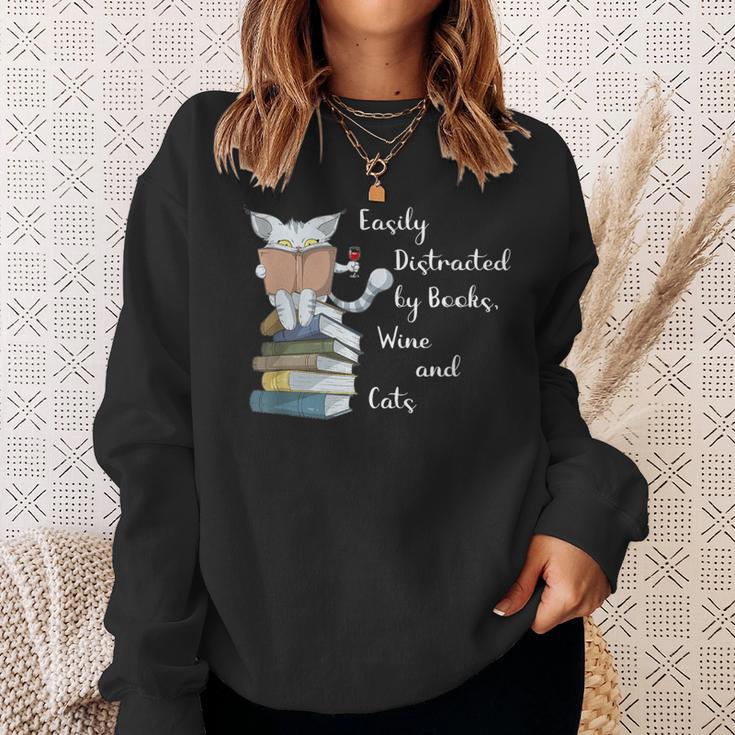 Easily Distracted By Books Wine And Cats Lover Sweatshirt Gifts for Her