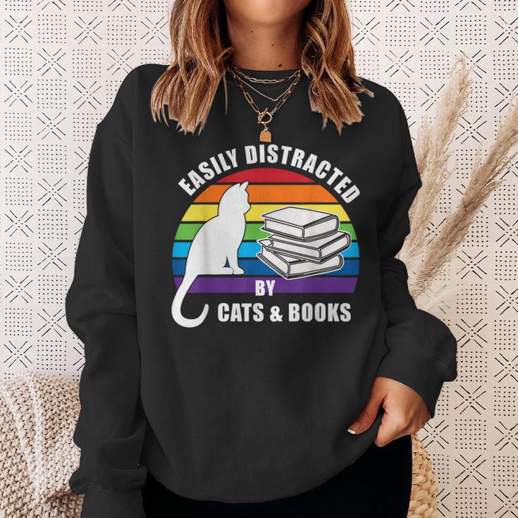Easily Distracted By Cats And Books – Retro Sunset Rainbow Sweatshirt Gifts for Her