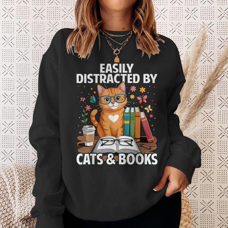 Easily Distracted By Cats And Books Book Lover Cat Sweatshirt Gifts for Her