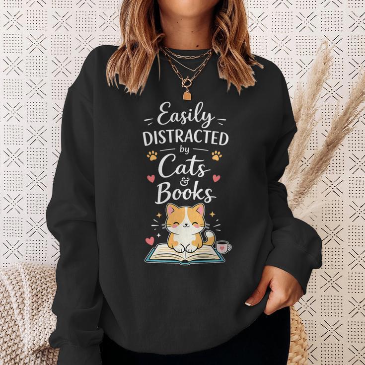 Easily Distracted By Cats And Books Cat & Book Lover Sweatshirt Gifts for Her