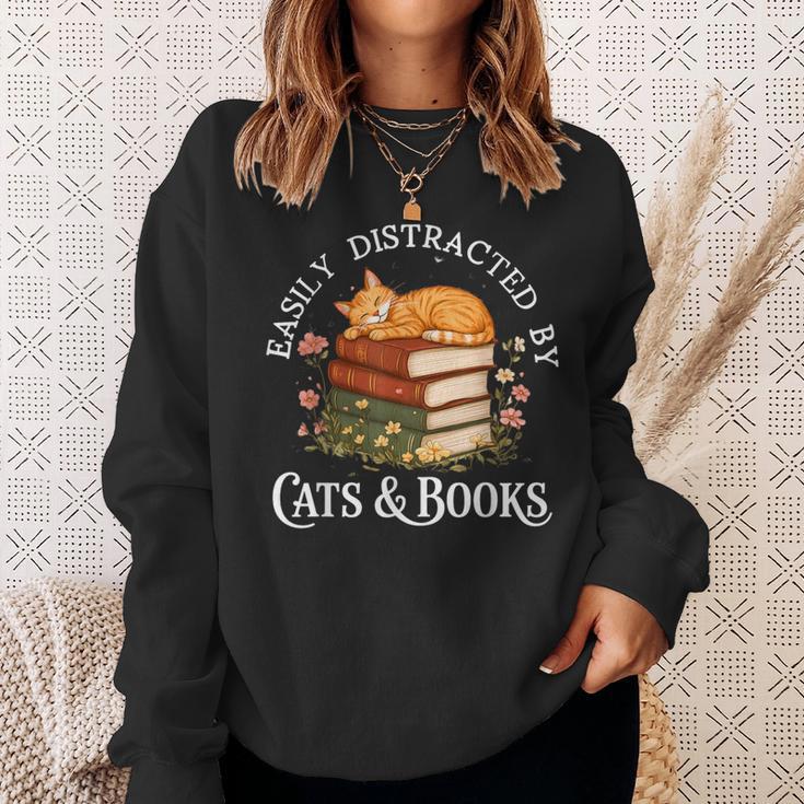 Easily Distracted By Cats And Books Cat And Book Lover Sweatshirt Gifts for Her