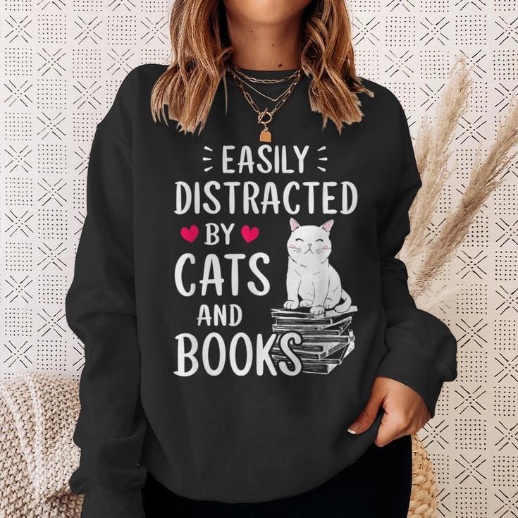 Easily Distracted By Cats And Books Cat Lover Sweatshirt Gifts for Her
