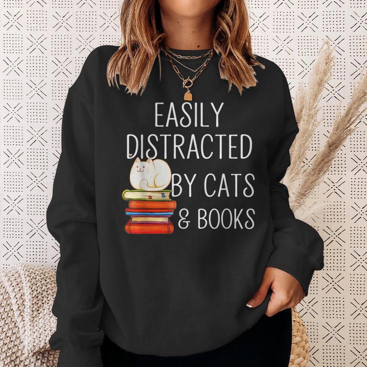 Easily Distracted By Cats And Books Cute Book Lover Sweatshirt Gifts for Her