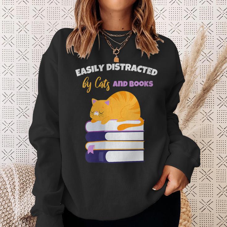 Easily Distracted Cats And Books Cute Cat Book Lover Sweatshirt Gifts for Her