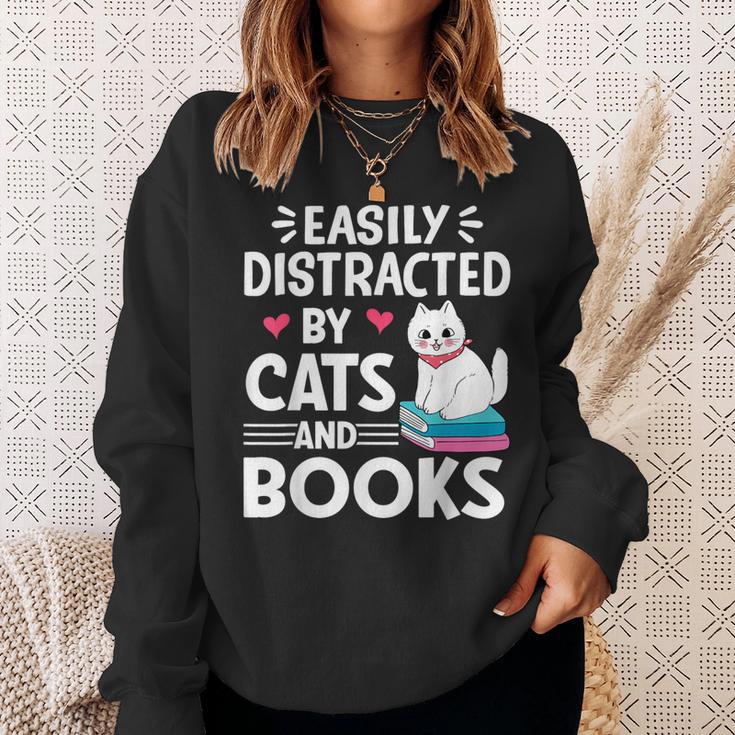 Easily Distracted By Cats And Books Cute Cat And Book Lovers Sweatshirt Gifts for Her