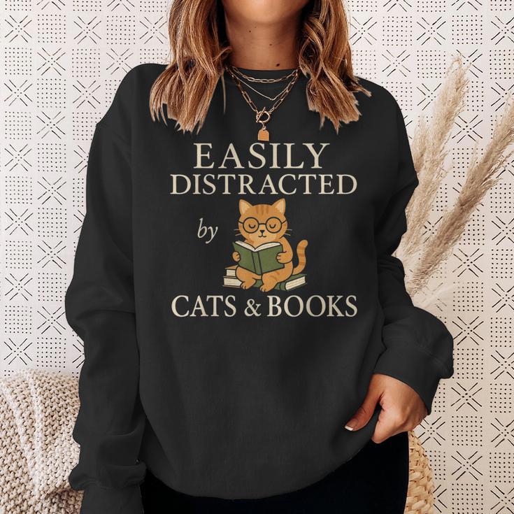Easily Distracted By Cats And Books Cute Cat Reading Reader Sweatshirt Gifts for Her