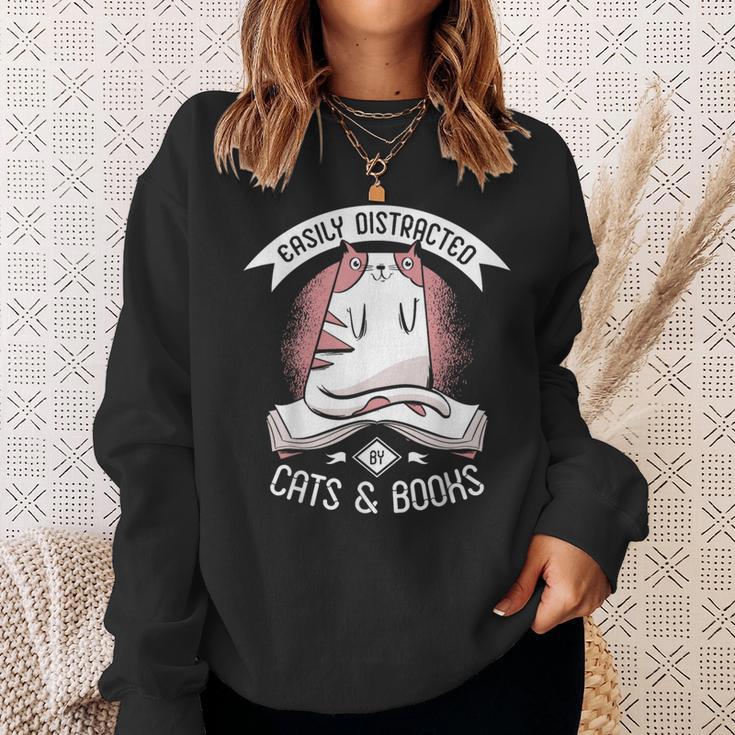 Easily Distracted By Cats And Books Men Cat Book Lover Sweatshirt Gifts for Her