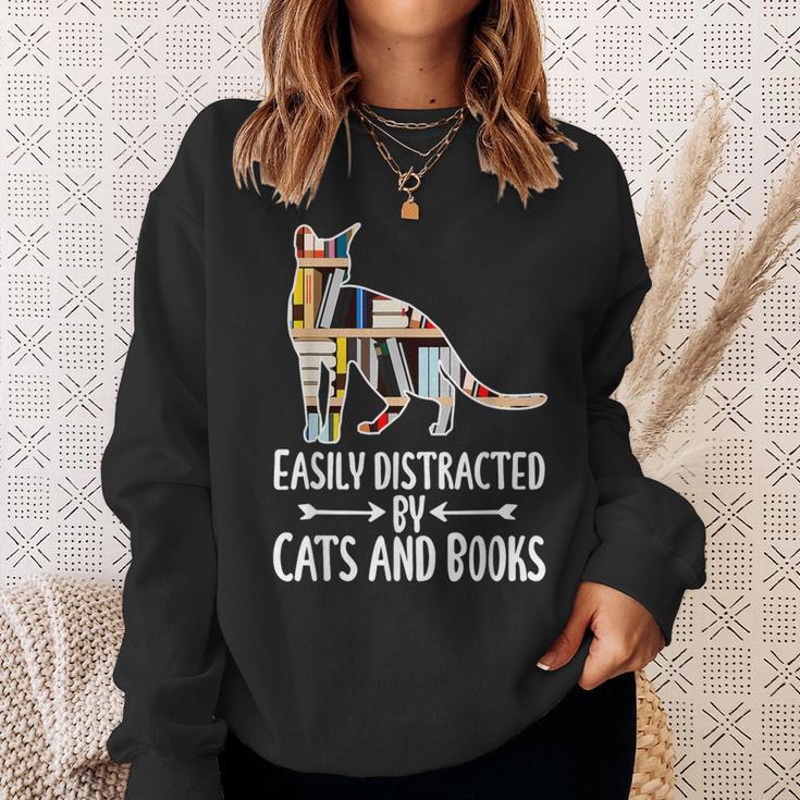 Easily Distracted By Cats And Books Reader Cat Lovers For Men Women Girls Kids Sweatshirt Gifts for Her