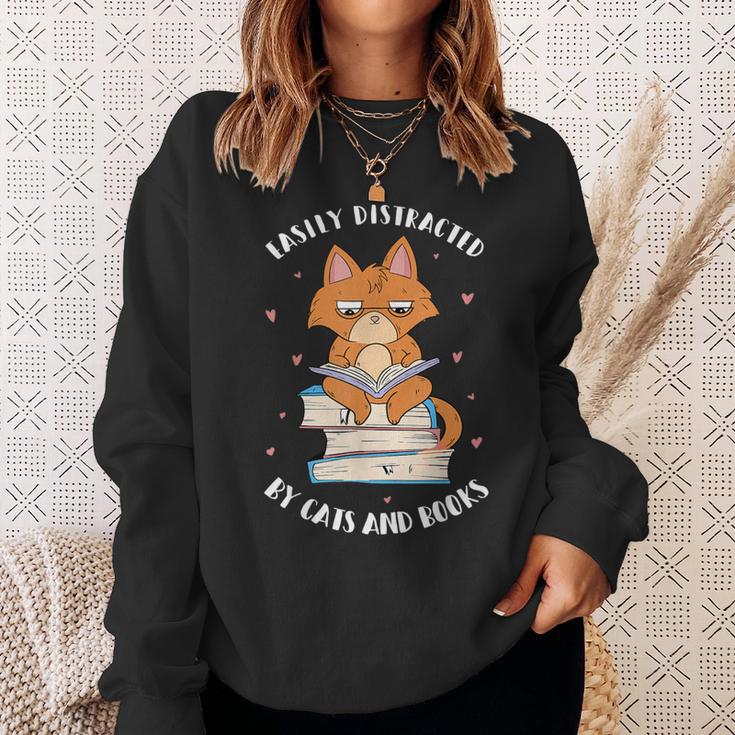 Easily Distracted By Cats And Books Shirts Book Lover Sweatshirt Gifts for Her