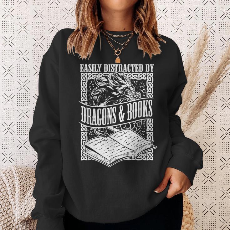 Easily Distracted By Dragons & Books Artwork Sweatshirt Gifts for Her